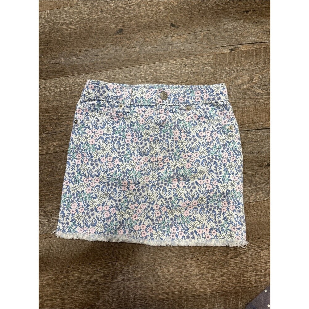 Cat & Jack Girl Floral Print Jean Skirt Multicolored Zip Snap Pockets Raw Hem S